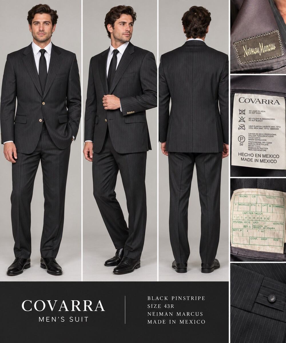 Covarra Men’s Suit 43R Black Pinstripe Neiman Marcus 2 Button Made in Mexico